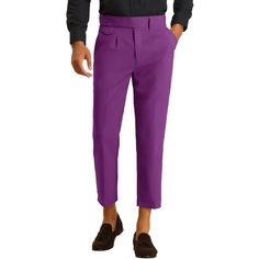 The cropped dress pants for men offer a pleated front and slim fit design. Made from lightweight fabric, these trousers feature a solid color and an extended waistband, making them perfect for business and formal occasions. They can be worn to the office, meetings, proms, or even for daily wear like dating and parties. These pants are a great gift option for friends and family. Purple Pants Outfit Men, Mens Purple Pants, Purple Pants Outfit, Dress Pants For Men, Pant Outfits, Slim Fit Chino Pants, Dress Pant Suit, Pants Outfit Men, Slim Fit Dress Pants