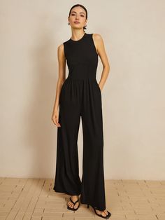 Sleeveless Wide Leg Jumpsuit Formal Black Jumpsuit, Split Long Dress, Vest Blouse, Cruise Outfits, Studio Photoshoot, Plain Style, Maxi Dress Navy, Dress Pant, Wide Leg Jumpsuit