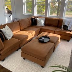 a living room with a couch and ottoman