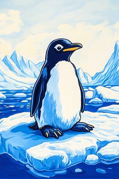 a painting of a penguin sitting on an ice floe