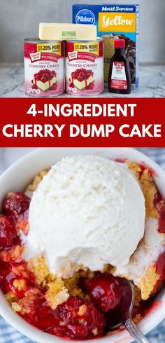 four ingredient cherry dump cake in a bowl with ice cream on top