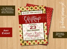 a christmas party flyer is shown on a wooden table with red and green accents, along with other holiday themed items