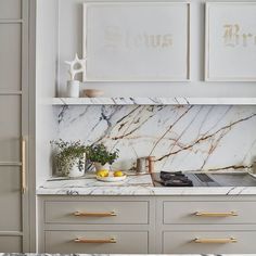 a kitchen with marble counter tops and gold handles