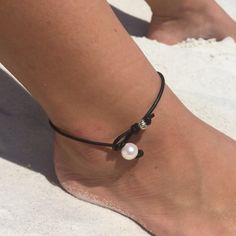 Plus Size Anklet for Women Blue Sea Glass Ankle Bracelet | Etsy Elegant Adjustable Anklets For Vacation, Adjustable Cord Anklet For Festival, Bohemian Leather Bracelet For Beach, Summer Waxed Cord Jewelry, Sea Glass Anklet, Pearl Ankle Bracelet, Leather Anklets, Vacation Jewelry, Anklet For Women