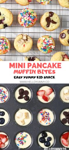 mini pancake muffin bites are filled with fruit and topped with white frosting