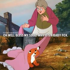 an older woman holding onto a baby fox in the middle of a cartoon with text that reads, oh well unless my soul why