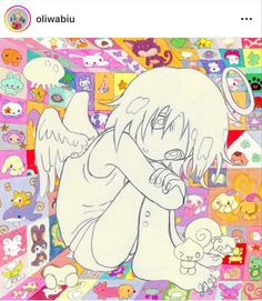 a drawing of an angel sitting on top of a pile of stickers in front of a colorful background