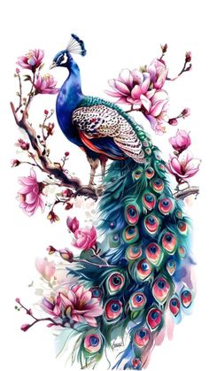 a painting of a peacock sitting on top of a tree branch with flowers in the background