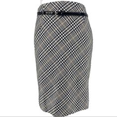 Premise Women's Size 4 Skirt. It Is Black, Tan And White Plaid Print, Soft Stretchy Fabric, Above The Knee, Belted, Lined, Back Zip / Slit, Ready For Work, Nights Out, Parties And More, Classic Closet Necessity. Materials Shell 65% Polyester, 33% Rayon, 2% Spandex / Lining 100% Acetate. Care Dry Clean Only. Rn#93178 Mfsr:$68.00 Condition Is New With Tags As Shown In Pictures. Measurements Taken Flat: Waist 30" Length 22” Hip 36” Preppy Quiet Luxury Old Money Contemporary Librarian Academia Caree Navy Blue Pencil Skirt, Coral Skirt, Polka Dot Pencil Skirt, Green Pencil Skirts, Blue Weave, Stretchy Skirt, Plaid Pencil Skirt, Stretch Pencil Skirt, Grey Pencil Skirt