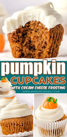 pumpkin cupcakes with cream cheese frosting on top and in the background, there are pictures of them