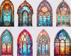 six stained glass windows with different designs and colors on them, all in various shapes and sizes