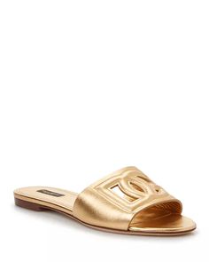 Dolce & Gabbana - Women's Cutout Logo Flat Slide Sandals Designer Gold Sandals For The Beach, Designer Open Toe Sandals For Galas, Gold Slides, Slides Sandals, Dream Shoes, Slide Sandals, Mule Shoe, Slides, Shoes Sandals