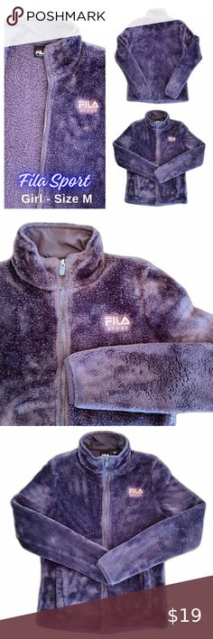 Fila Sport Girls Sherpa Fleece Jacket Grey Pink Logo Size M 10/12