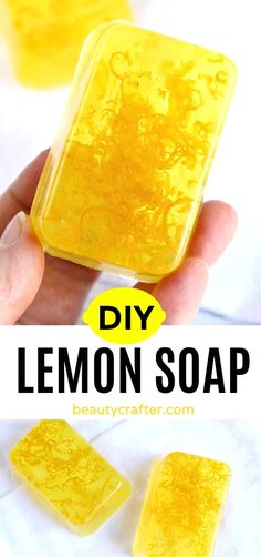 a hand holding a lemon soap in front of the words diy lemon soap on it