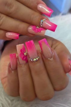 Sorry Acrylic Nail Designs, Nail Inso Long Nails, Nails Acrylic With 3d Flowers, Purple Nails Designs With Rhinestones, Nail Ideas With Rhinestones Square, Pink Birthday Nails Medium Length, Pink Nail Designs Flowers, Easy Acrylic Nail Designs Simple, Summer Nail Inspo Coffin Pink