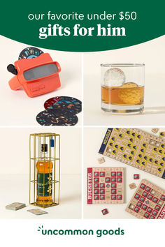 gifts for him from uncommon goods, including an orange and green box with the words'our favorite under $ 50 gifts for him '