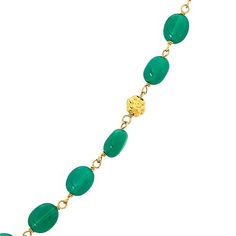 Colleen Lopez 34" Green Chalcedony Oval Bead Goldtone Station Necklace Spring-green chalcedony and sun-kissed sterling silver rendezvous to form this extra-long layering piece from Colleen Lopez. A bright and plucky pop of color to showcase on its own and also introduce to members of your necklace stack.         Approx.  34"L x 1/4"W     Stamped .925 sterling silver; goldtone; polished finish      Wire-linked gemstone beads: lobster-claw clasp    Stone Information       All sizes and weights approximate     Color-Enhanced Green Chalcedony: Oval (8x6mm) Faceted Green Oval Beaded Jewelry, Green Oval Gemstone Beads Necklace, Green Single-strand Jewelry With Oval Beads, Green Oval Single Strand Jewelry, Green Oval Faceted Bead Necklaces, Necklace Stack, Green Chalcedony, Station Necklace, Spring Green