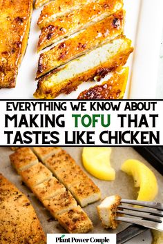 Overhead photo of a slice of baked tofu that has been sliced with text reading: everything we know about how to make tofu that tastes like chicken Freezing Tofu, Tofu Taste Like Chicken, Lemon Pepper Tofu, Tofu Cutlets, Meat Preservation, Making Tofu, Ways To Cook Tofu, Best Tofu, Pepper Tofu