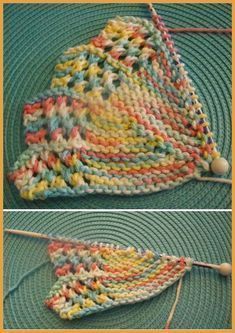 two pictures showing how to knit a triangle with yarn and knitting needles on the opposite side