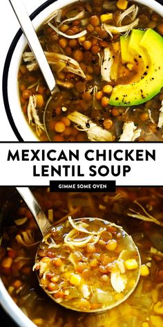 mexican chicken lentil soup with avocado and beans in a large white bowl