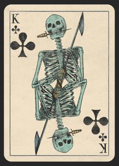 a skeleton playing card with an arrow in the middle