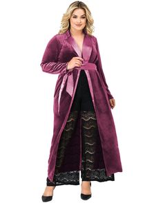 This plus size outerwear is a must in your everyday wardrobe Dresses Materials, Satin Belt, Velvet Wrap Dress, Lapel Coat, Plus Size Outerwear, Wrap Coat, Plus Size Sweaters, Stretch Velvet, Rose Dress