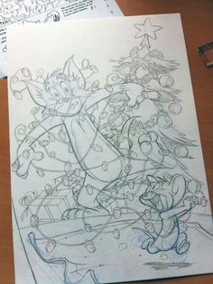 a drawing of a cartoon character next to a christmas tree with other characters around it