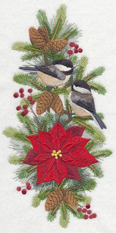 two birds sitting on top of a poinsettia with holly and pine cones