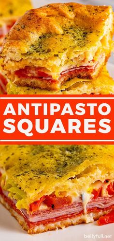 an image of two sandwiches on a plate with the words antipasto squares above it