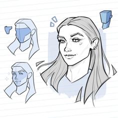 a drawing of a woman's face with different angles and shapes on paper background