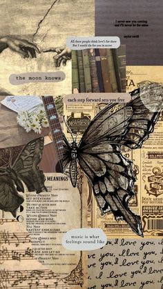 an altered collage with butterflies, music notes, and handwritten words on it