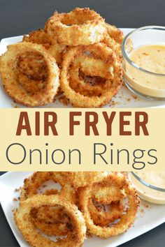 air fryer onion rings on a white plate with dipping sauce in the background and text overlay that reads, air fryer onion rings