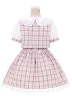 This dress looks like a top and bottom set, but it is actually a complete dress with a clever faux two-piece design. The bubble sleeves and Peter Pan collar give it a cute and youthful look. The sleeves feature a patchwork design, with lace and pink gingham pieced together to create a textured effect. The collar is adorned with lace trim and a detachable bow. The chest area is embellished with buttons and scalloped eyelet trim. The skirt hem is decorated with lace trim.  Please note that the pri Cute Ruffled Short Sleeve Sets, Kawaii Fitted Dress With Puff Sleeves, Spring Kawaii School Dresses, Preppy Pink Dresses With Ruffles, Preppy Pink Ruffle Dress, Preppy Pink Ruffled Dress, Gingham Patchwork Dress, Fitted Puff Sleeve Kawaii Dress, Pink Mini Dress With Ruffles And Doll Collar