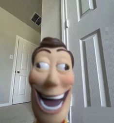 the face of a cartoon character is shown in front of an open door