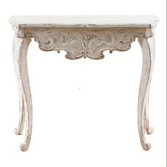 Ideal for small spaces, hallways, and entryways, this Victorian-style console table has a decorative front apron, and flat on the back side allowing it to sit flush against a wall or furniture. Whether you use it as a console table, lamp table, or entryway, this curvy-legged table is a great option that will complement a variety of styles. The console table has a beautiful distressed off white finish to give it an authentic aesthetic. The top is the perfect place for your stylish lamp, vases, or Small Vintage Table, Hieroglyphics Symbols, Blue Tables, Antique Sofa Table, Half Table, Vintage Console Table, Vintage Console, White Console Table, Console Table With Drawers