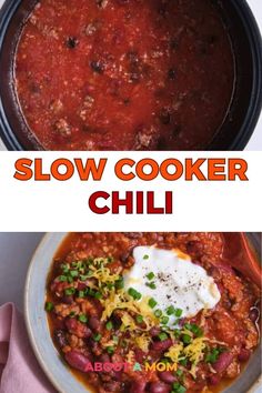 slow cooker chili recipe with beans and sour cream in the top, and an image of