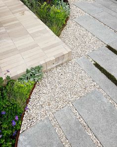 a stone walkway surrounded by plants and flowers