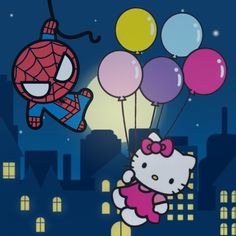 hello kitty and spiderman are flying in the night sky with balloons attached to them