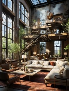 a living room filled with lots of furniture next to tall windows and stairs leading up to the second floor