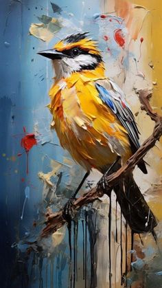 a painting of a bird sitting on a branch with paint dripping down it's face