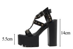 Department Name: Adult Item Type: Sandals With Platforms: Yes Heel Height: Super High (8cm-up) Outsole Material: Rubber Back Counter Type: Front & Rear Strap Insole Material: PU Side Vamp Type: Open Lining Material: PU Model Number: Gdgydh1333 21 Heel Type: Square heel Platform Height: 5-7cm Fashion Element: Rivet Occasion: Casual Upper Material: PU Brand Name: Gdgydh Fit: Fits true to size. take your normal size Style: Fashion Sandal Type: Ankle Strap Leather Style: Soft Leather Gender: Women Heel Height : 14.5cm Edgy High Heel Summer Heels, Edgy Open Heel Sandals For Summer, Edgy Heels With Heel Strap For Summer, Edgy Summer Heels With Heel Strap, Edgy Block Heel Sandals For Summer, Edgy Summer Heels With Round Toe, Edgy Summer Platform Heels, Edgy Evening Heels For Summer, Edgy Summer Evening Heels