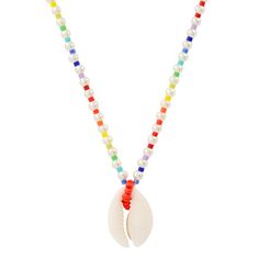 Summertime Rainbow & Pearl Shell Pendant Necklace Playful Summer Beach Necklaces, Playful Summer Beach Necklace, Playful Multicolor Beach Necklace, Playful Beaded Necklaces For The Beach, Playful White Beaded Necklaces For Summer, White Playful Beaded Necklaces For Summer, Adjustable Multicolor Pearl Necklace For Beach, Beach Multicolor Beaded Necklaces With Pearl Charm, Playful Beaded Necklace For Beach