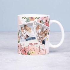 a coffee mug with two photos on it and the words happy mother's day