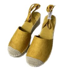 Stroll Stylishly Into Town With The Lulus Janelle Marigold Suede Flatform Espadrilles! These Summery Shoes Have A Cute Faux Suede Upper And Matching Quarter Strap (With A Shiny Gold Buckle). 2" Espadrille-Wrapped Heel. Lightly Cushioned Insole. Rubber Sole Has Nonskid Markings. Brand New In Its Box Size: 7, 8 , 9 Casual Gold Slip-on Wedge Sandals, Gold Espadrilles With Woven Sole For Spring, Gold Closed Toe Espadrilles For Summer, Yellow Closed Toe Espadrilles For Vacation, Yellow Round Toe Espadrilles For Vacation, Yellow Espadrilles With Woven Sole, Gold Flat Heel Espadrilles For Beach, Gold Slip-on Espadrilles For Spring, Gold Espadrilles With Woven Sole For Beach