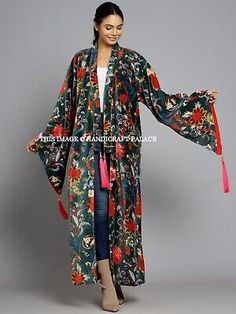 Trendy Fashion Green Floral Velvet Banyan Fabric Kimono Cotton Velvet Robe Long Jacket OFMD, Top Womens Coats Jackets Printed Velvet Fabric, Kimono Cotton, Printed Velvet, Kimono Coat, Womens Coats, Long Jacket, Cotton Velvet, Women's Coats & Jackets, Printed Fabric