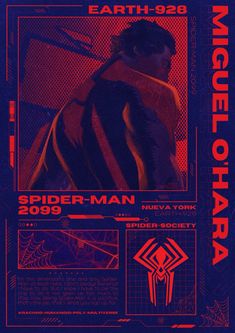 the poster for spider - man 2099 is shown in red and blue colors, as well as an image of his face