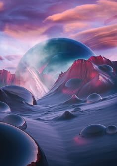 an artist's rendering of a planet with mountains in the background