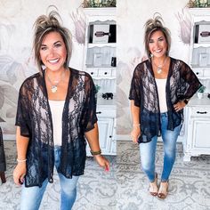 Tops – Page 6 Black Lace Kimono, Lace Kimono, Casual Work, Work Casual, Lace Fabric, Summer Style, Black Lace, Summer Fashion, Short Sleeves