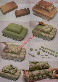 the instructions for how to make a cake with army tanks and camouflages on it