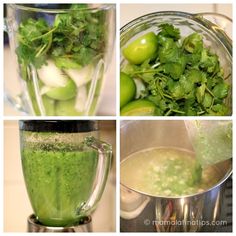 four pictures showing different stages of making green smoothie in blender, including limes and celery